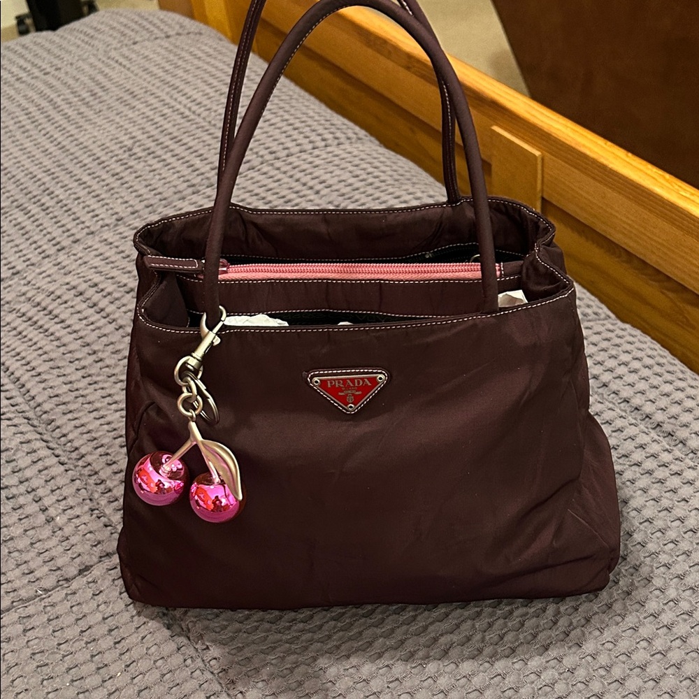 Prada Dark Burgundy Tote with Pink Accents